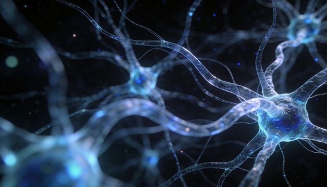 Glowing Translucent Neuron Network Render Showing Dendrites, Synapses and Axons