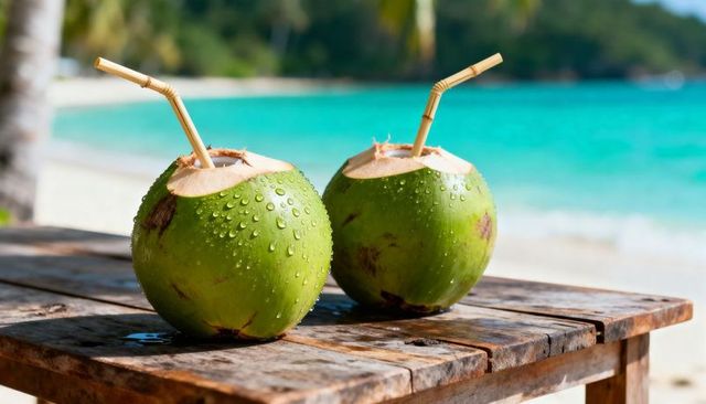 Two green coconuts with bamboo straws on rustic wooden table by turquoise beach