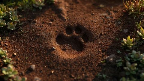 Canine paw print pressed into red soil with succulents close-up golden hour texture macro
