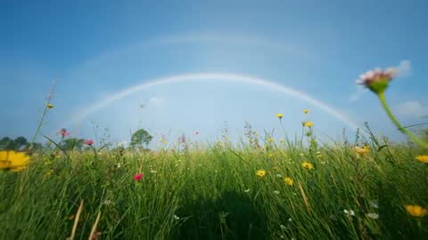 Serene Double Rainbow Over Vibrant Spring Meadow