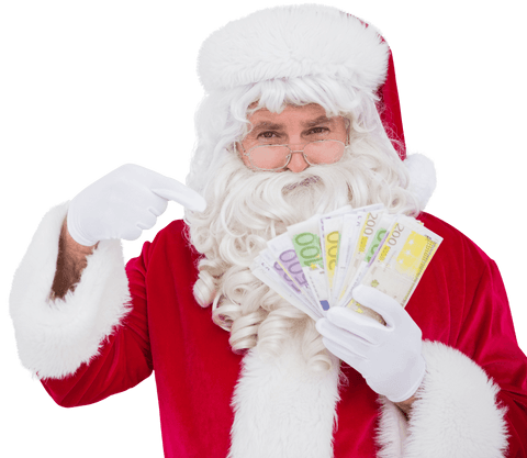 Santa claus joyfully holding money transparent background