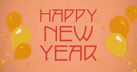 Happy New Year Greeting with Yellow Balloons on Orange Background - Download Free Stock Images Pikwizard.com