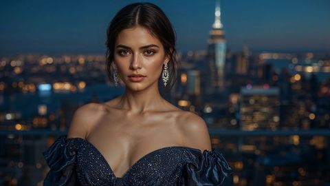 Elegant beautiful lady model in sparkling gown overlooking city skyline at night