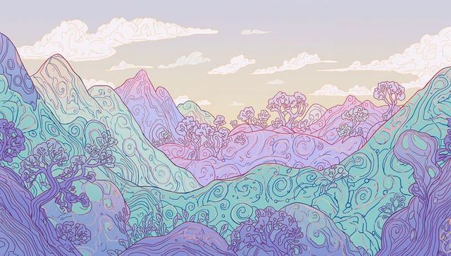 Whimsical pastel dreamscape with stylized mountains and trees