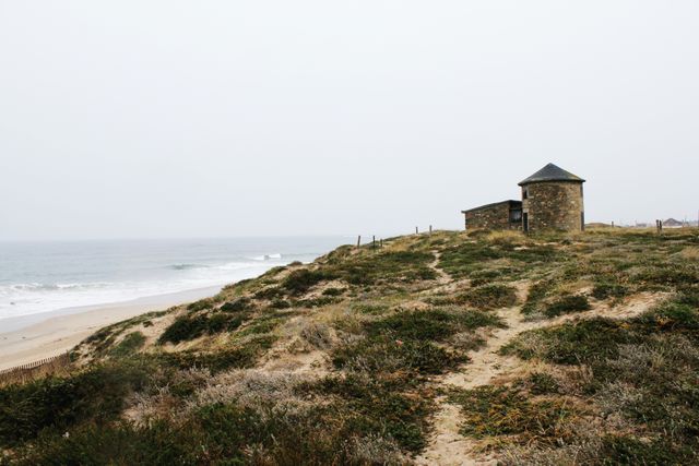Windmill stands on lush coastal sand dune, looking over ocean waves. Invokes rustic charm and tranquility. Ideal for travel brochures, websites, and articles about coastal travel and historical landmarks.
