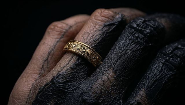 Ornate gold filigree ring on hand with cracked black texture closeup contrast