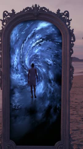Vertical Surreal Video: Mirror Opening Ocean Vortex Drawing Figure into Beach Spiral