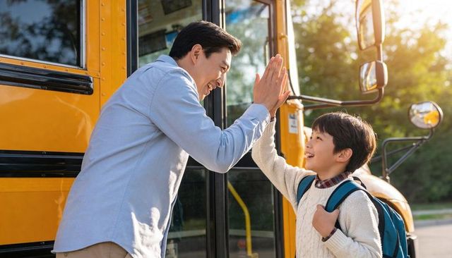Father high-fiving son at yellow school bus morning drop-off, smiling back-to-school moment