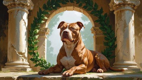 Pit bull reclining at ancient archway ruins with ivy wreath