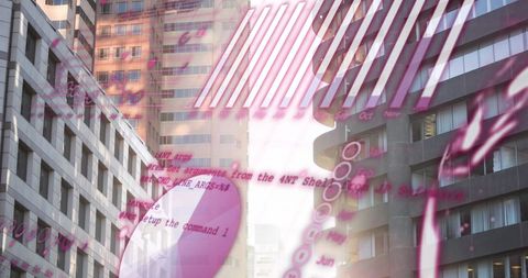 Digital Data and Statistics Overlay on City Skyscrapers