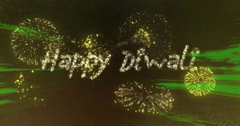 Sparkling happy diwali script glowing in night sky with golden fireworks celebration