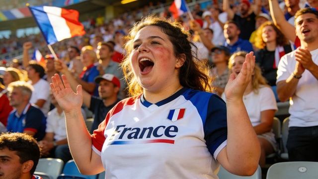 Passionate france fan cheering in stadium wearing national jersey and waving french flag