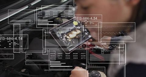 Automotive technician diagnosing engine with tablet OBD scanner and AR diagnostic overlays