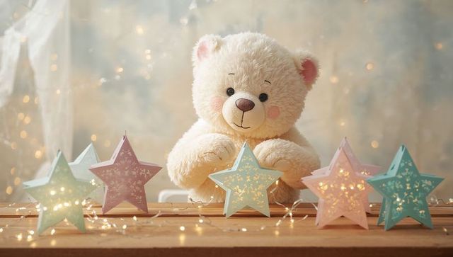 Plush teddy bear sitting behind pastel star lanterns with warm bokeh lights