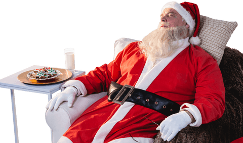 Santa Claus Relaxing on Chair in Cozy Uniform with Transparent Background