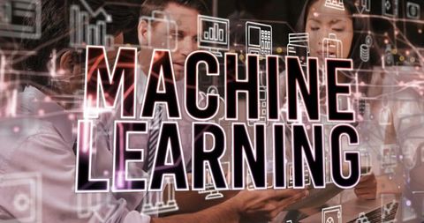 Business team collaborating on machine learning analytics with data visualization overlay