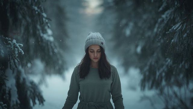 Solitary woman standing on snowy pine trail, gazing down, wearing beanie and belted coat