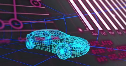 Rotating neon cyan wireframe sedan in holographic grid with hud analytics chart overlay
