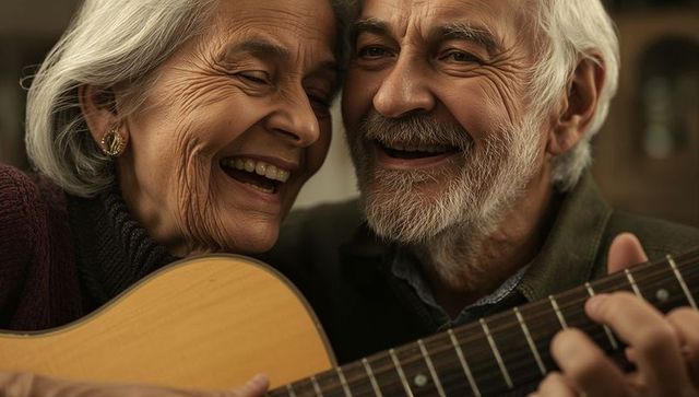 Laughing senior couple playing acoustic guitar together at home, intimate warm moment