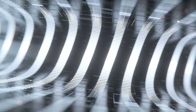 Glassy curved led bands creating futuristic reflective grid with rhythmic luminous flow