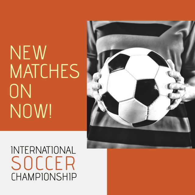 Perfect for promoting an international soccer championship or tournament, this image features a soccer player holding a soccer ball with key event details. Use it for event posters, social media announcements, and sports magazine advertisements to attract soccer enthusiasts.