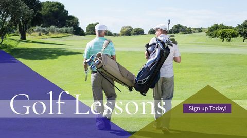 golf academy promotion with two golfers on sunny course - Download Free Stock Templates Pikwizard.com