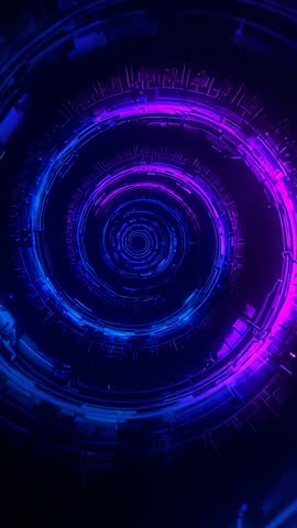 Rotating Neon Tech Rings Vertical Video Loop Pulsing Blue Purple Futuristic Tunnel