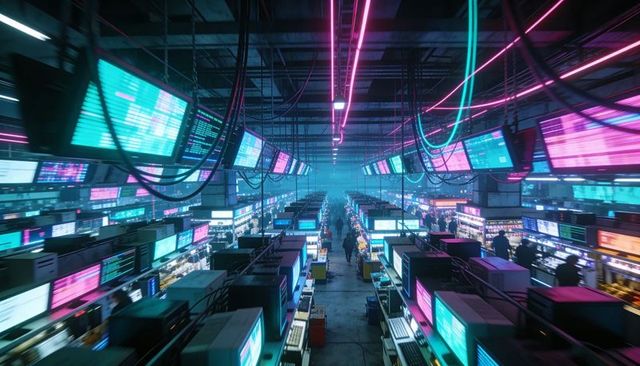Cyberpunk data hall with neon screens and technicians navigating central aisle