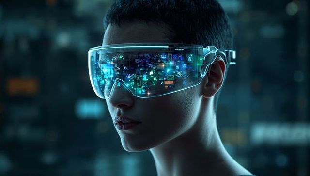 Woman wearing ar visor viewing holographic ui with neon teal icons, futuristic cyber