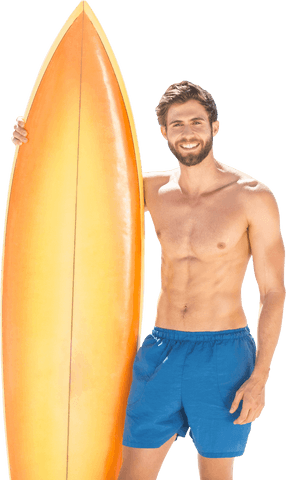 Fit Caucasian Man with Orange Surfboard on Transparent Background