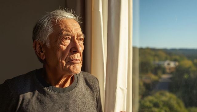 Senior Man Observing Nature Through Window Indoors