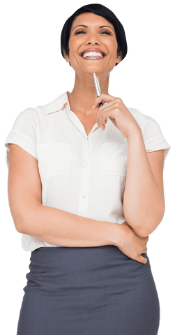 Laughing Hispanic Businesswoman Holding Pen Transparent Background