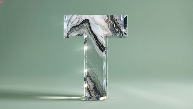 Translucent marbled t sculpture on pale green surface
