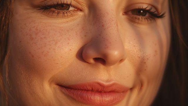 Smiling woman with freckles in warm side light close-up showing natural skin texture
