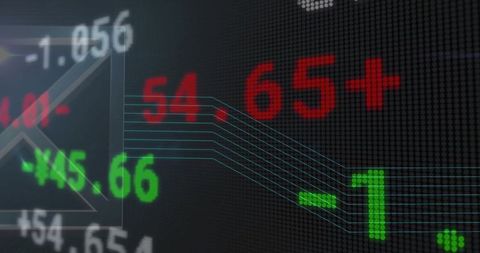 Futuristic led trading ticker displaying red 65+ and green -1 on dark digital panel