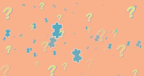 Puzzles and Question Marks Over Orange Background for Cognitive Challenges