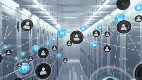 Digital Network Icons Against Data Center Background