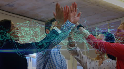 Collaborative Team High-Fiving Over Digital Connections