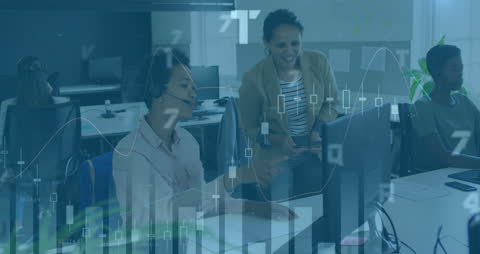 Diverse Female Coworkers Analyzing Digital Financial Graphs in Modern Office