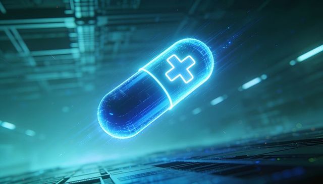 Floating holographic capsule hovering above circuit board representing digital medicine