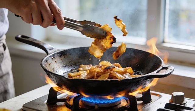Sizzling bacon tossing in cast-iron skillet over blue gas flame, using tongs