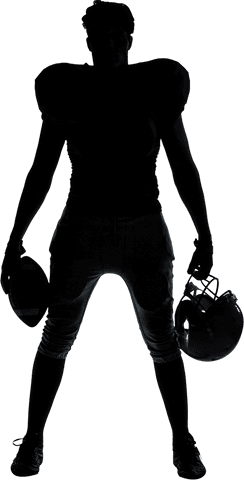 Silhouette of an american football player holding ball and helmet on transparent background