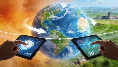 Monitoring global climate with dual tablet dashboards showing pollution vs green energy