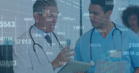 Doctors Analyzing Medical Reports with Financial Data Overlay