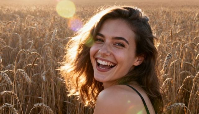 Sunlit laughing woman in wheat field at golden hour smiling over shoulder backlit lensflare