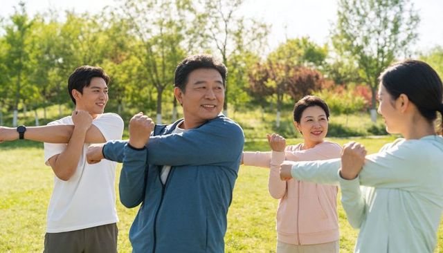 Multigenerational group stretching outdoors during sunny fitness session wearing smartwatch