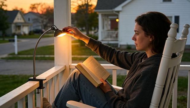 Woman reading on porch rocker adjusting clip-on lamp at twilight in suburban neighborhood