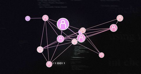 Neon social network graph connecting avatar nodes on dark digital canvas for analytics