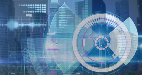 Futuristic Data Processing Overlaying Cityscape