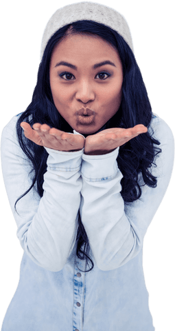 Young Asian Woman Blowing Kiss with Joyful Expression on Transparent Background